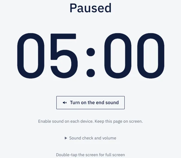TimerRoom viewer screen — a paused five-minute timer and an enable-sound button